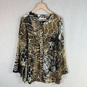 Susan Graver Womens Animal Print Button Up Top Size 1X Artsy Office Career Boho